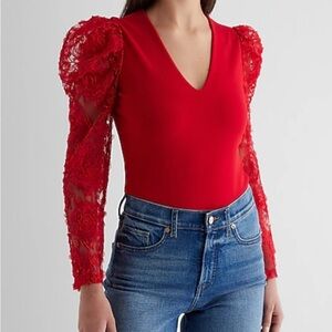 Express Red Lace Sleeve Bodysuit